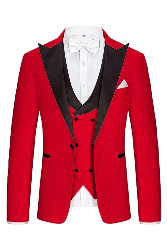 Modern Crimson Peaked Lapel Three-Piece Men's Prom Ensemble