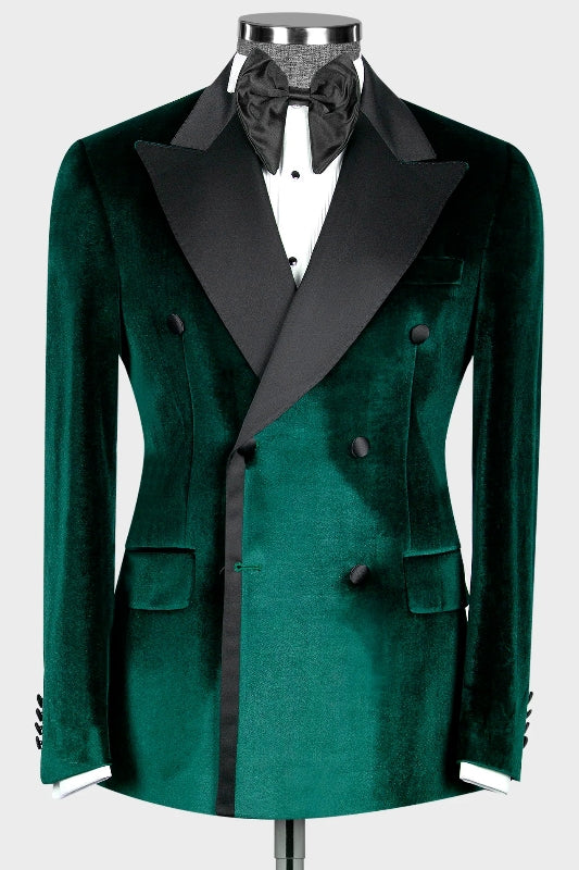 Modern Dark Green Double-Breasted Velvet Peaked Lapel Prom Suit