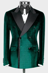 Modern Dark Green Double-Breasted Velvet Peaked Lapel Prom Suit