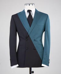 Modern Dusty Blue and Black Double-Breasted Prom Suit with Peaked Collar