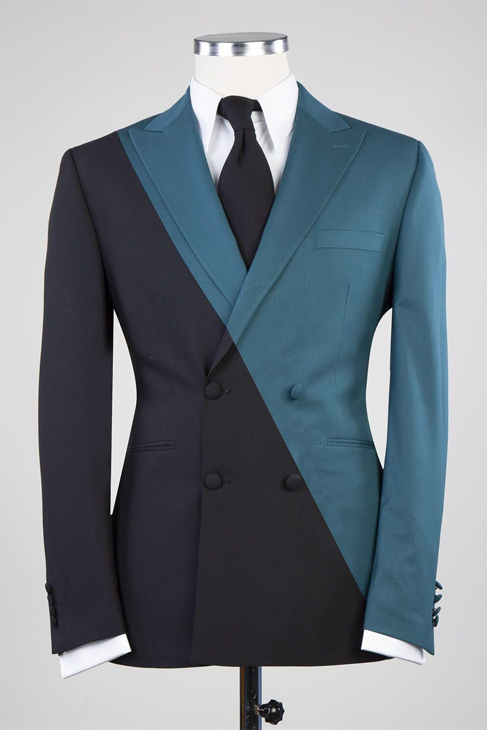 Modern Dusty Blue and Black Double-Breasted Prom Suit with Peaked Collar