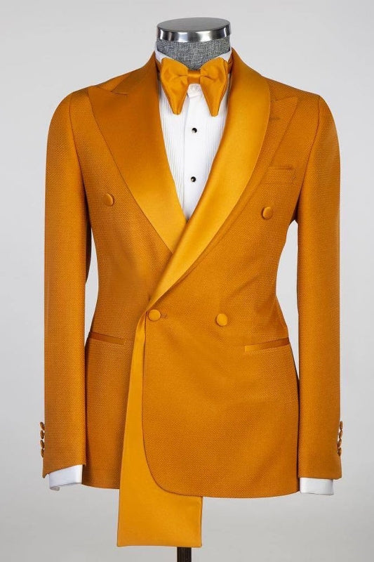 Modern Gold Peaked Lapel Double-Breasted Prom Suit