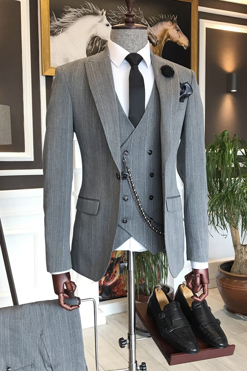 Modern Gray One Button Peaked Lapel 3-Piece Business Men’s Suit
