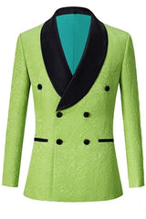 Modern Green Double Breasted Jacquard Groom's Suit With Black Velvet Collar