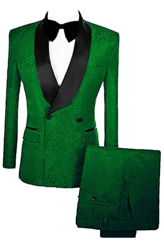 Modern Green Double Breasted Jacquard Groom's Suit With Velvet Lapel