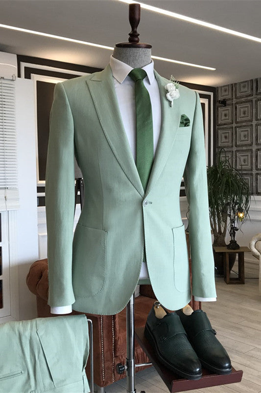 Modern Green Peaked Lapel Prom Suit For Men