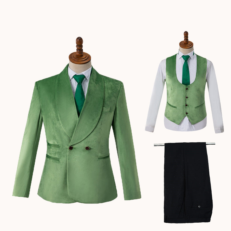 Modern Green Shawl Lapel Double-Breasted Velvet Suit