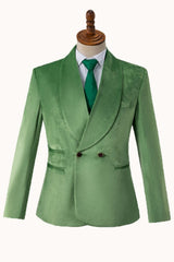 Modern Green Shawl Lapel Double-Breasted Velvet Suit
