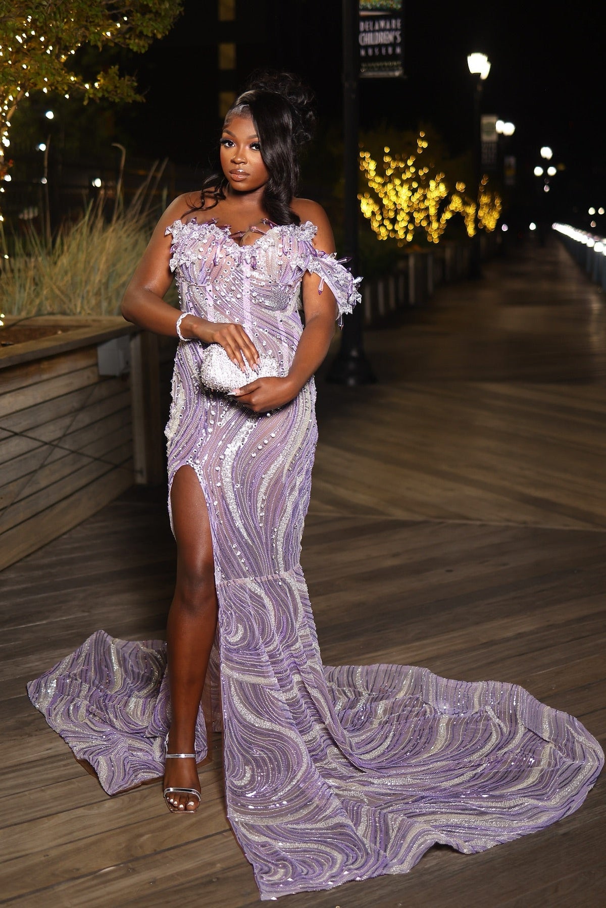 Modern Lilac Mermaid Beading Sleeveless Long Prom Dress with Slit