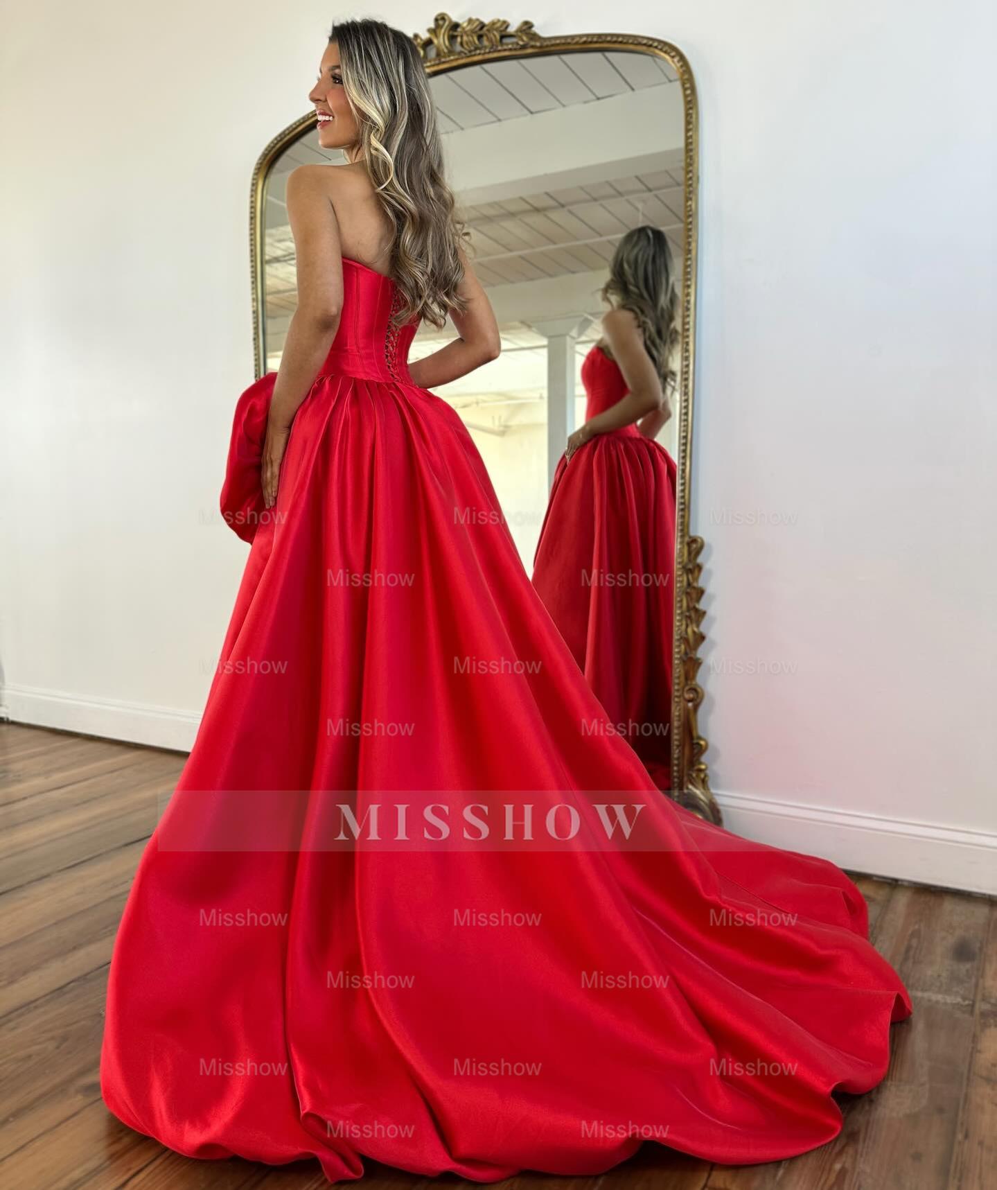 Modern Long A-line Red Strapless Prom Dress with Slit and Ruffles