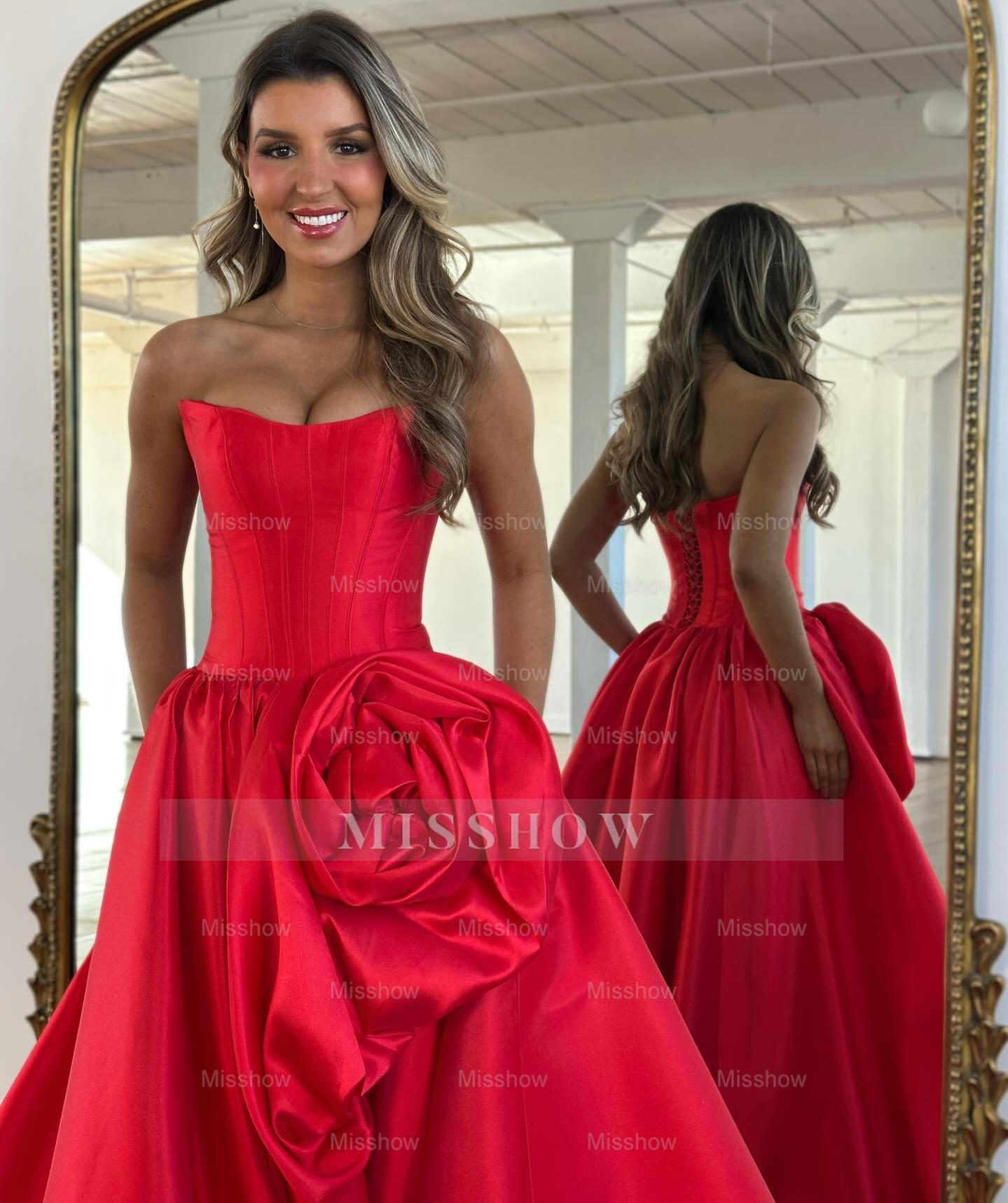 Modern Long A-line Red Strapless Prom Dress with Slit and Ruffles