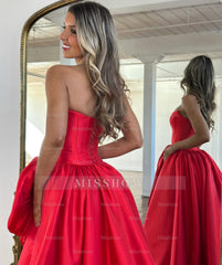Modern Long A-line Red Strapless Prom Dress with Slit and Ruffles