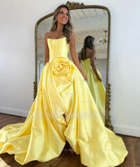 Modern Long A-line Red Strapless Prom Dress with Slit and Ruffles