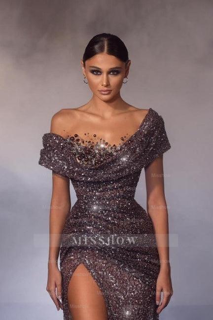 Taupe off-the-shoulder split-front mermaid prom dress
