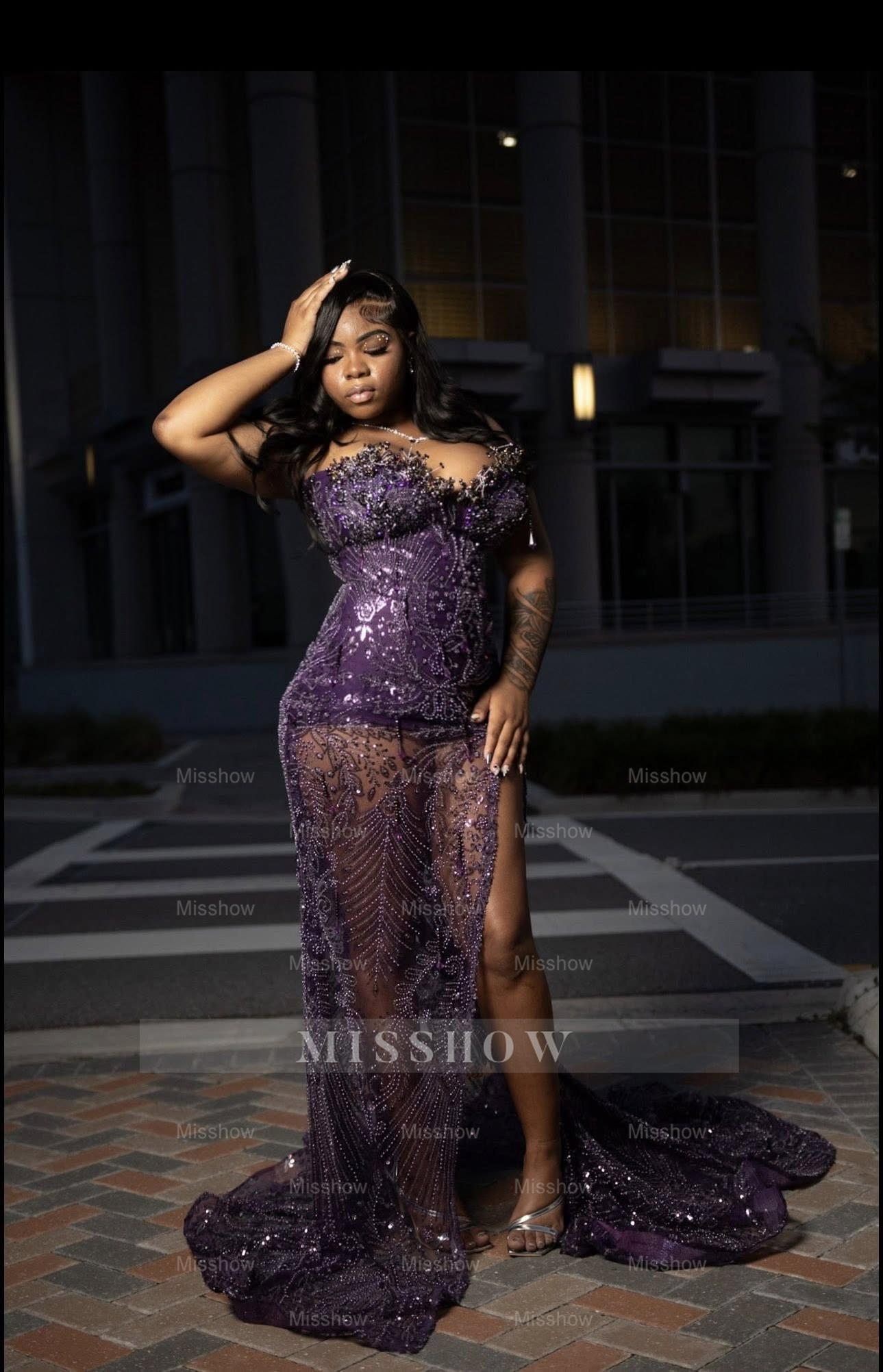 Modern Long Grape Mermaid Sleeveless Lace Prom Dress with Slit and Veil