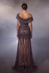 Modern Long Mermaid Off-the-shoulder Sequined Beading Prom Evening Dresses with Slit