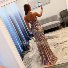 Modern Long Mermaid V-neck Strapless Sequined Prom Dress with Slit