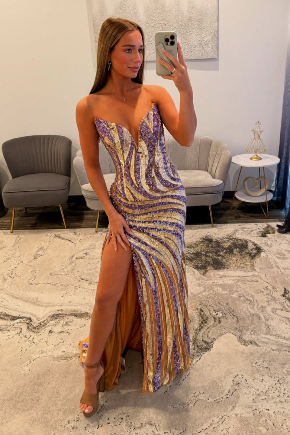 Modern Long Mermaid V-neck Strapless Sequined Prom Dress with Slit