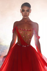 Modern Long Red A-line Off-the-shoulder Chiffon Beading Prom Evening Dresses
