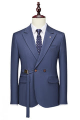 Modern Navy Blue Double-Breasted Peaked Lapel Prom Suit For Men