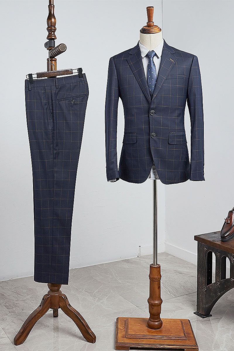 Modern Navy Blue Plaid Two Pieces Slim Fit Business Suit