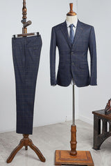 Modern Navy Blue Plaid Two Pieces Slim Fit Business Suit