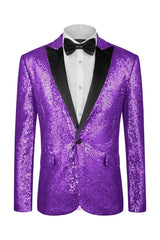 Modern Purple Peaked Lapel Sequined Prom Suit for Men