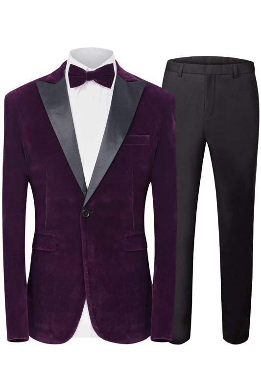 Modern Purple Peaked Lapel Two-Piece Velvet Prom Suit For Men