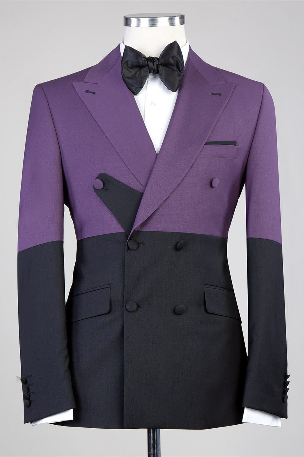 Modern Purple and Black Double-Breasted Peaked Lapel Prom Suit for Men