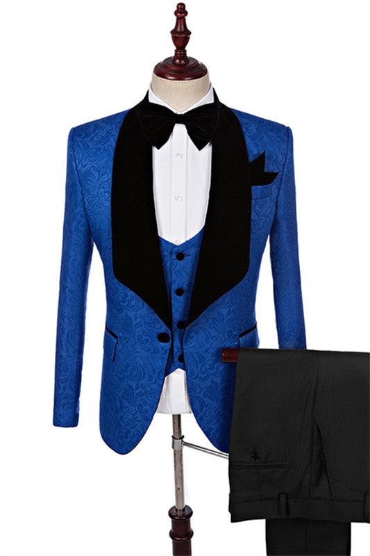 Modern Royal Blue Jacquard Three-Piece Shawl Collar Groom's Suit