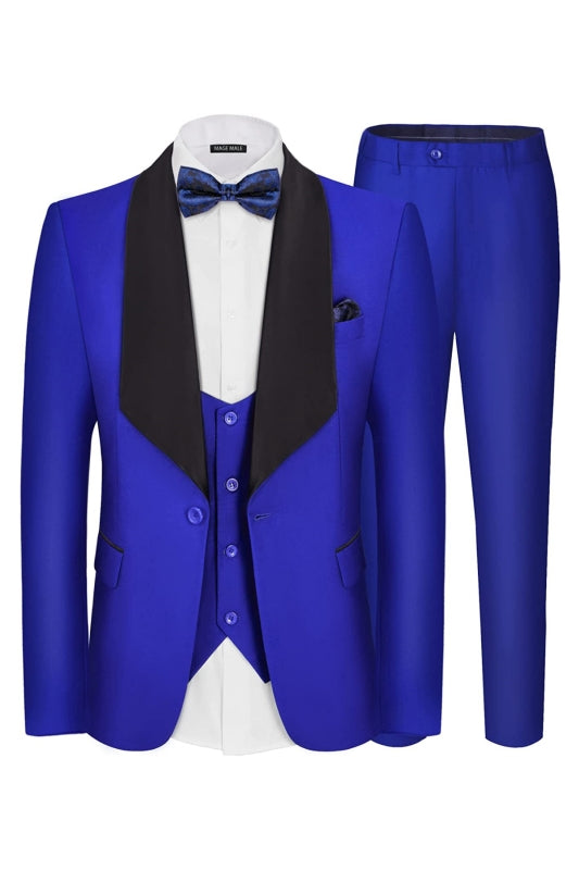 Modern Royal Blue Shawl Collar Three-Piece Wedding Attire