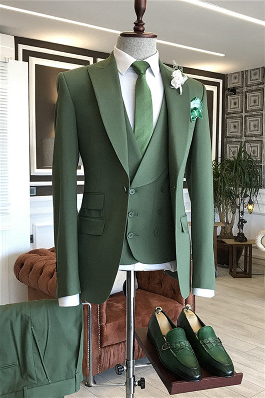 Modern Sage Green Peaked Lapel Three Piece Prom Suit