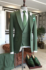 Modern Sage Green Peaked Lapel Three Piece Prom Suit
