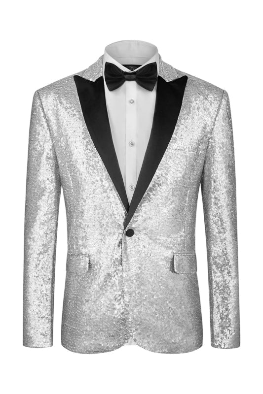 Modern Silver Peaked Lapel Two-Piece Sequined Prom Suit For Men