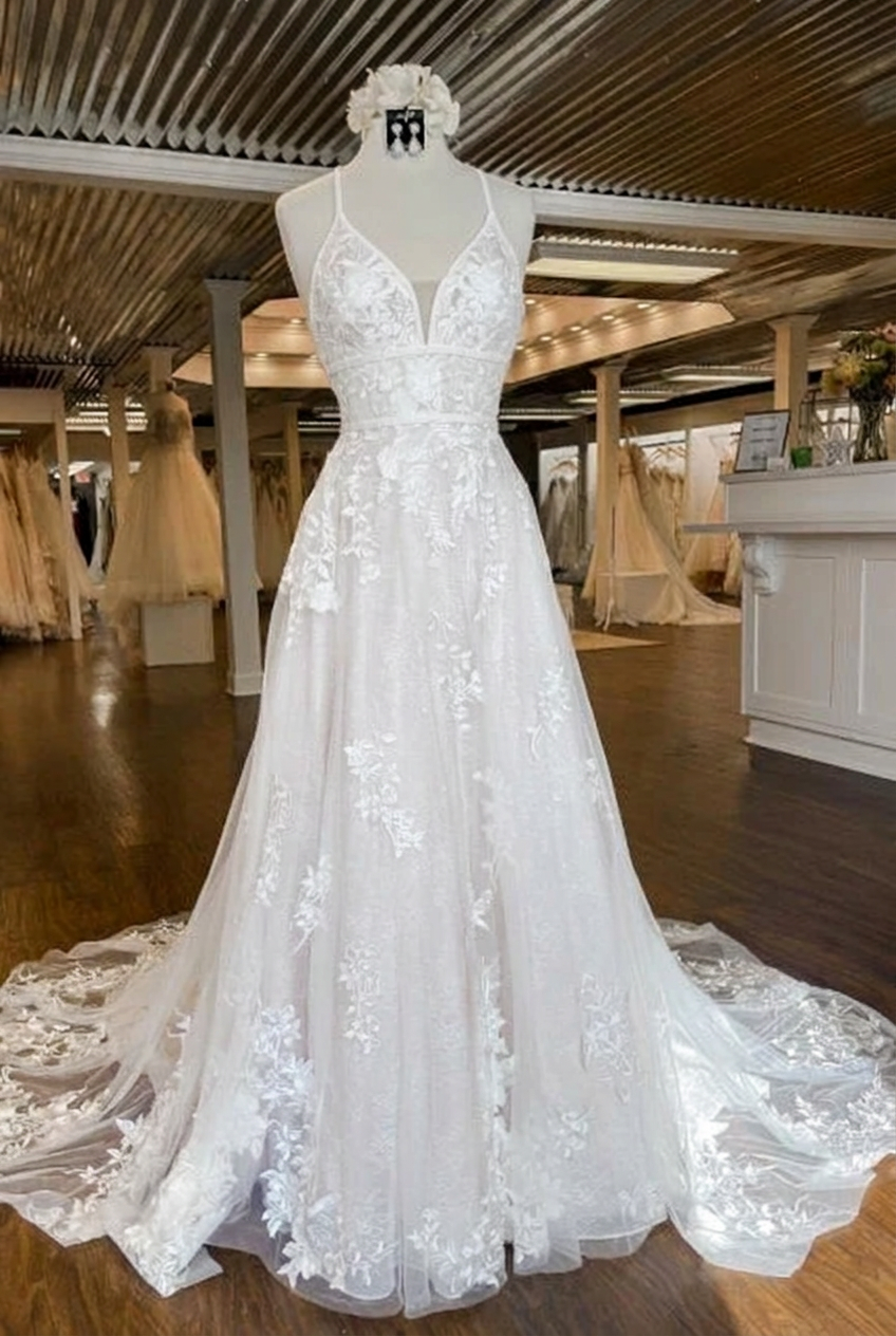 White v-neck applique a-line wedding dress