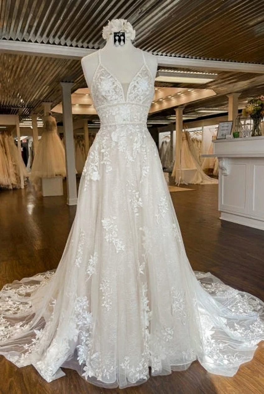 Ivory v-neck applique a-line wedding dress