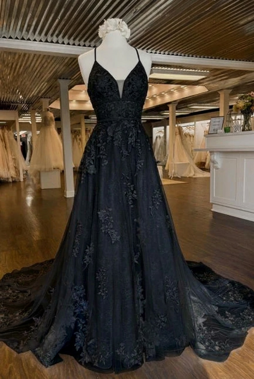 Black v-neck applique a-line wedding dress