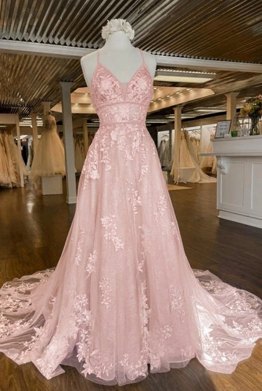 Blushing pink v-neck applique a-line wedding dress