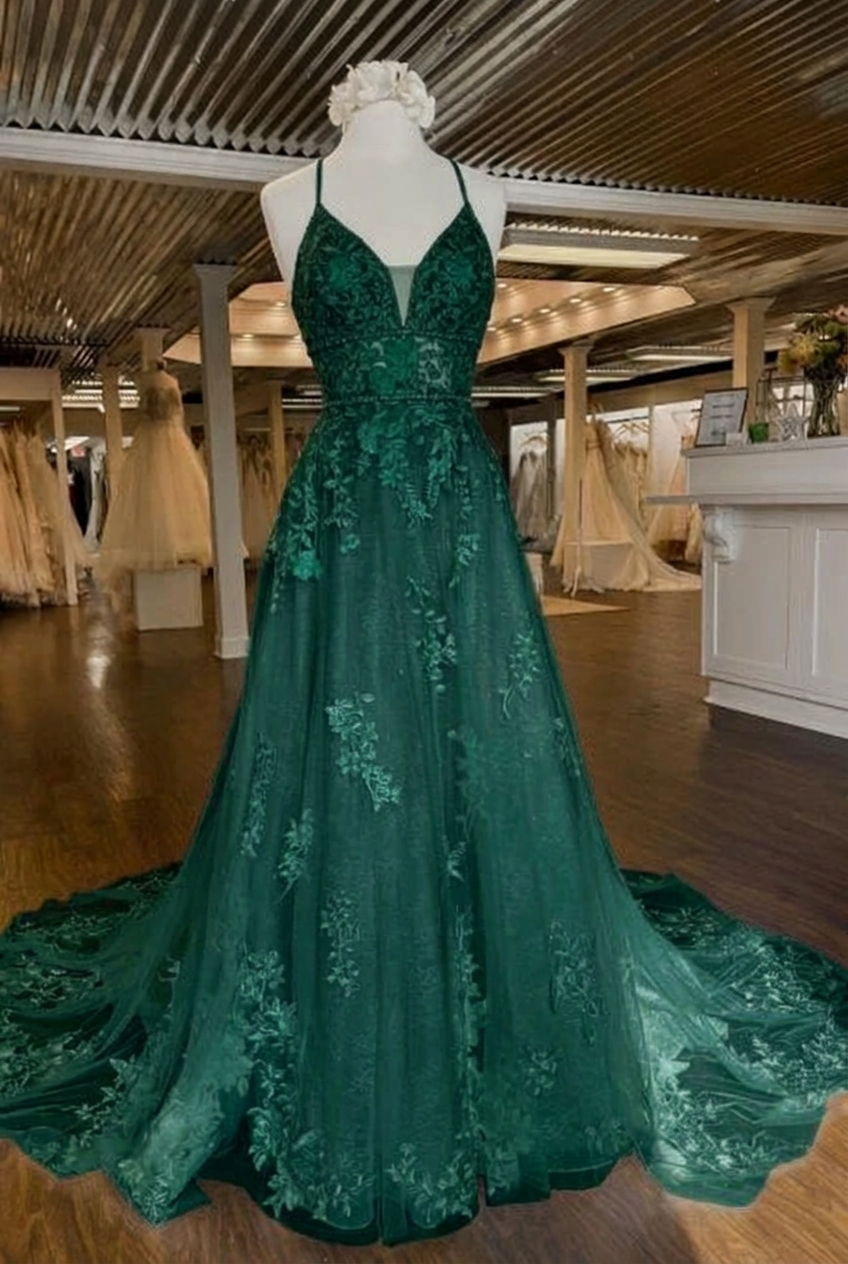 Dark green v-neck applique a-line wedding dress