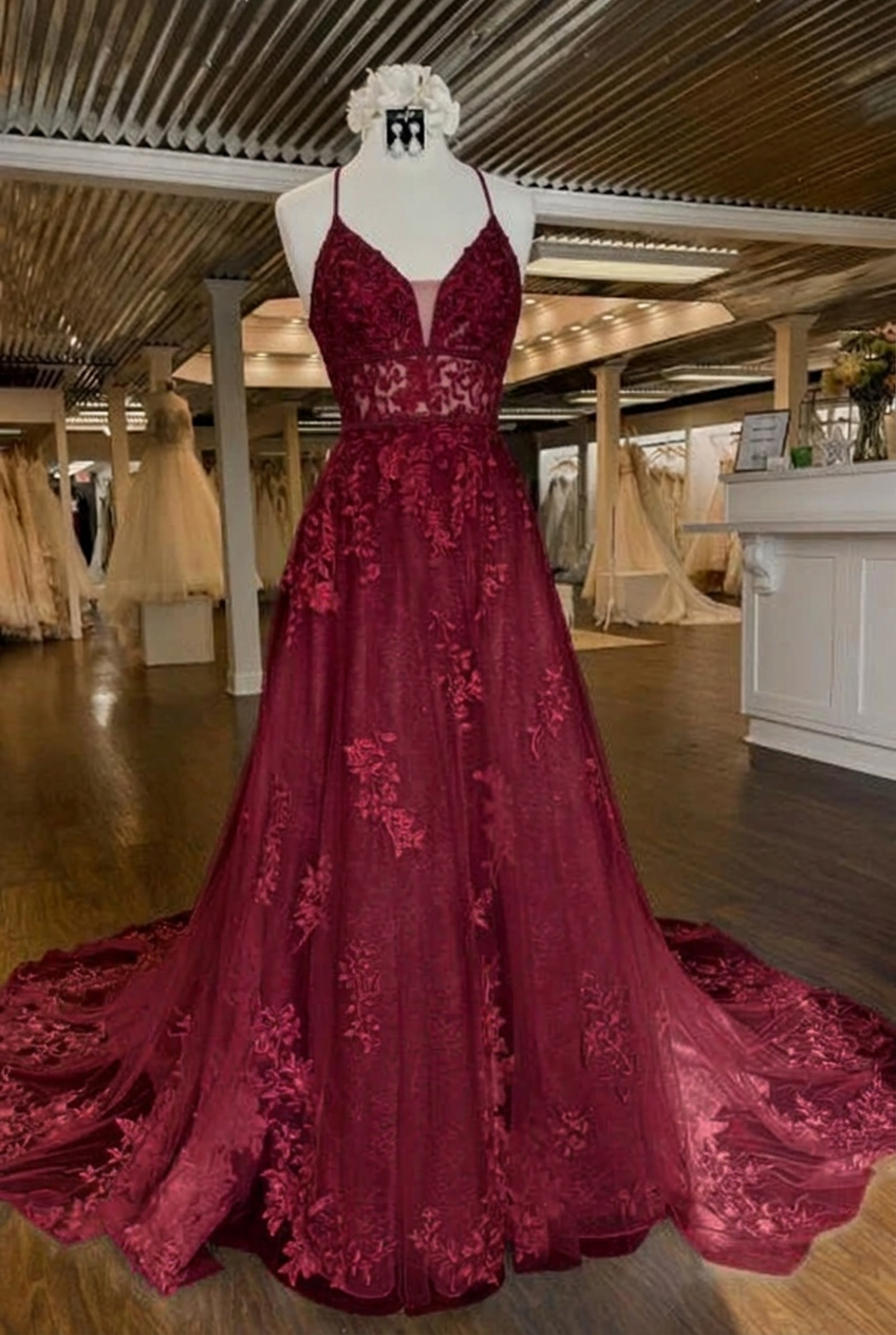 Burgundy v-neck applique a-line wedding dress