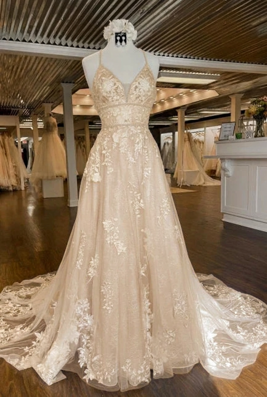 Champagne v-neck applique a-line wedding dress