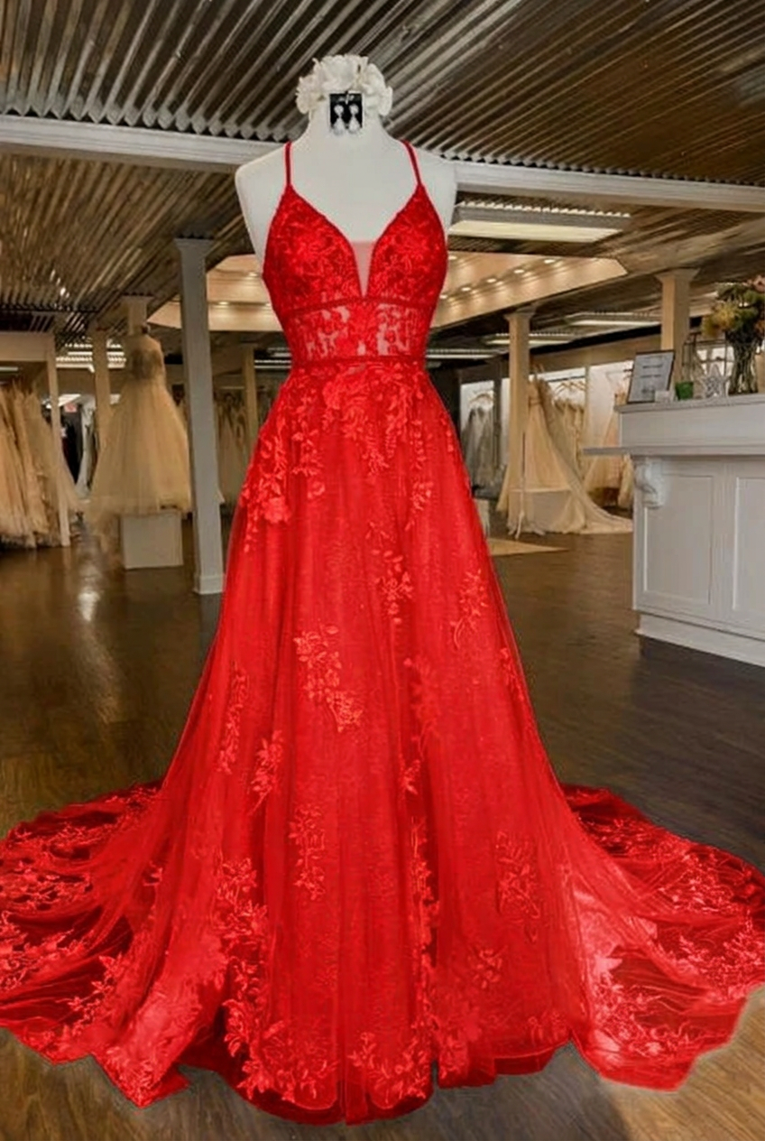 Red v-neck applique a-line wedding dress