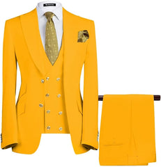 Modern Yellow Three-Piece Peaked Lapel Prom Ensemble for Men