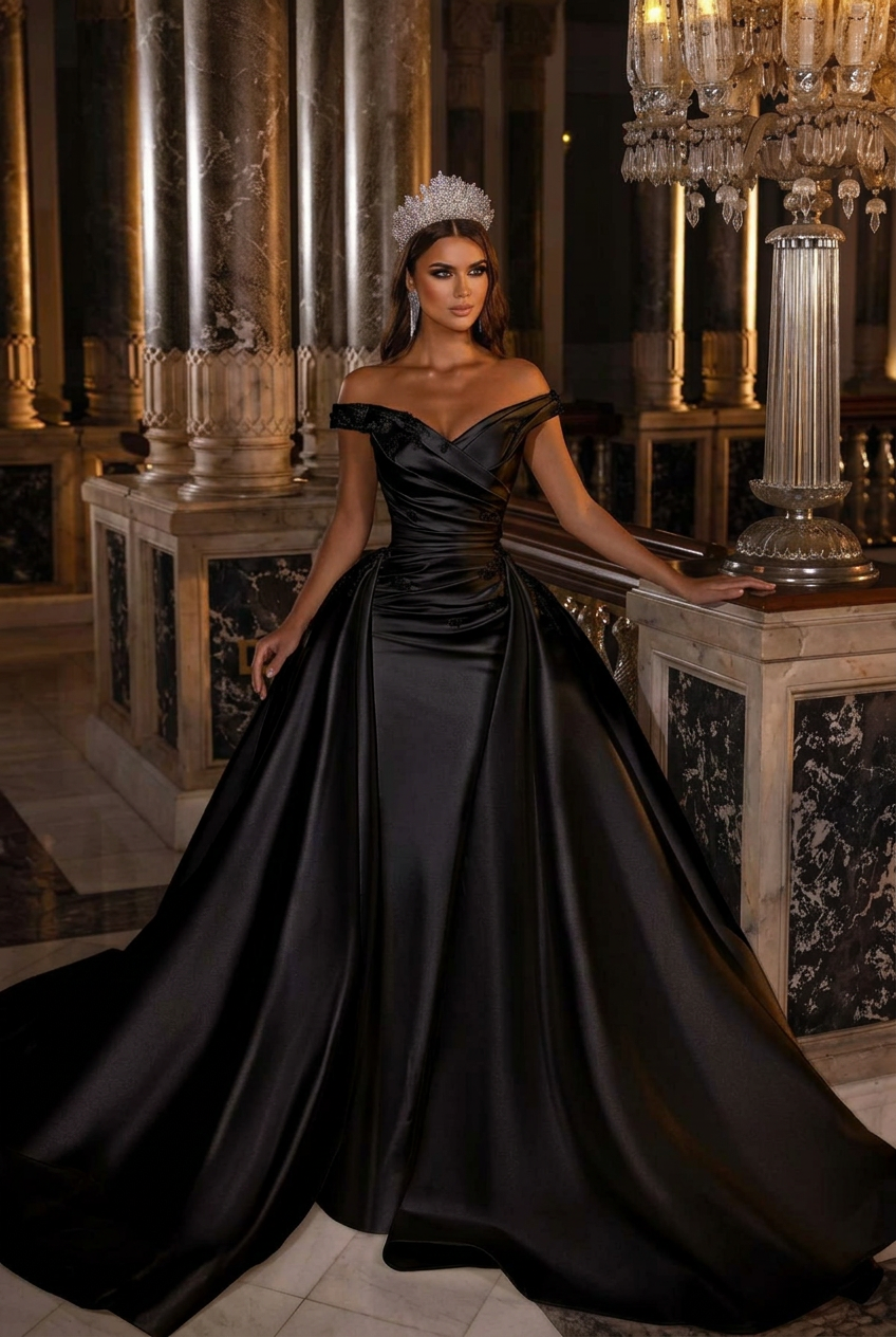 Black off-the-shoulder applique A-line wedding dress