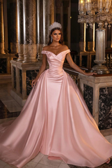 Blushing pink off-the-shoulder applique A-line wedding dress
