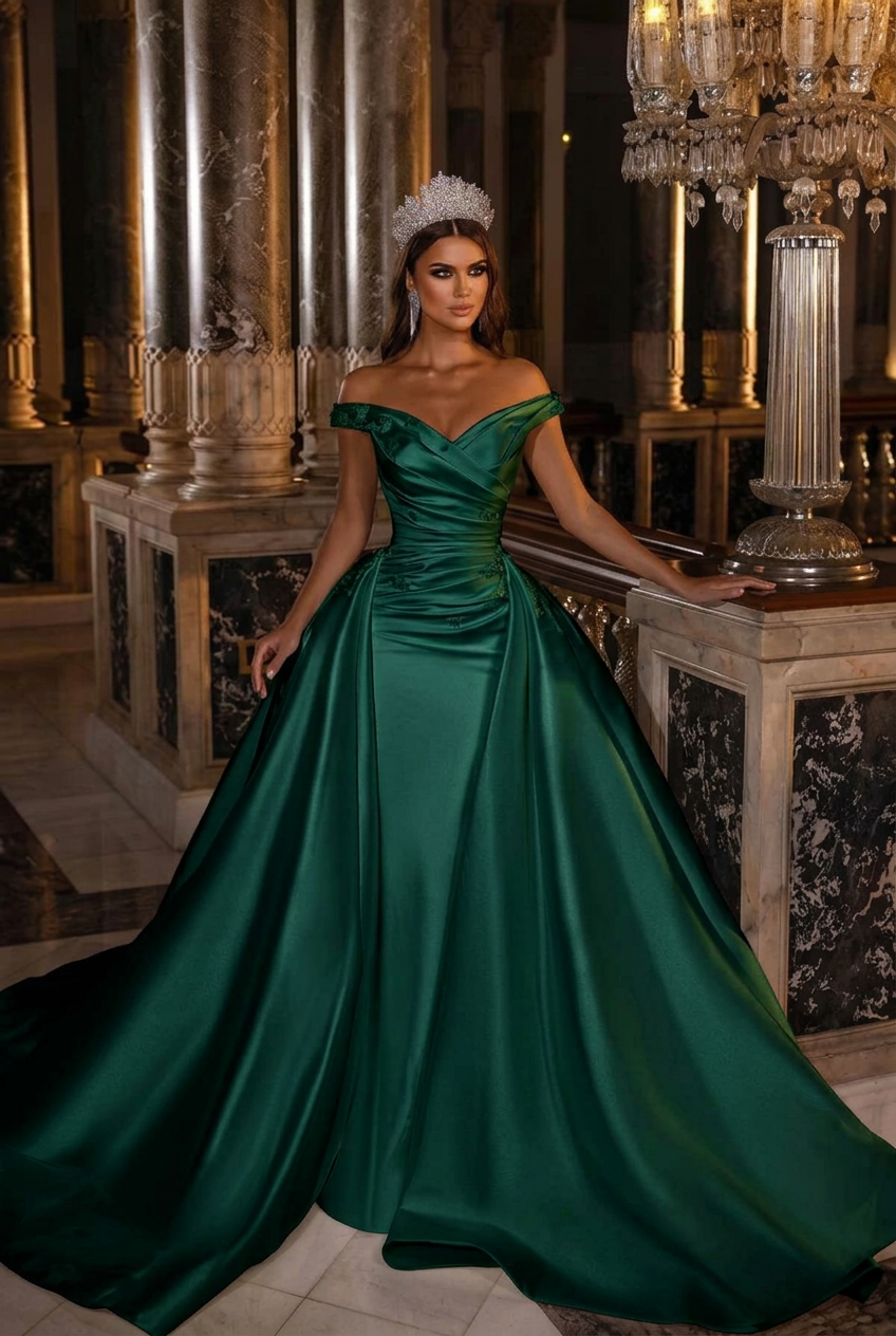 Dark green off-the-shoulder applique A-line wedding dress