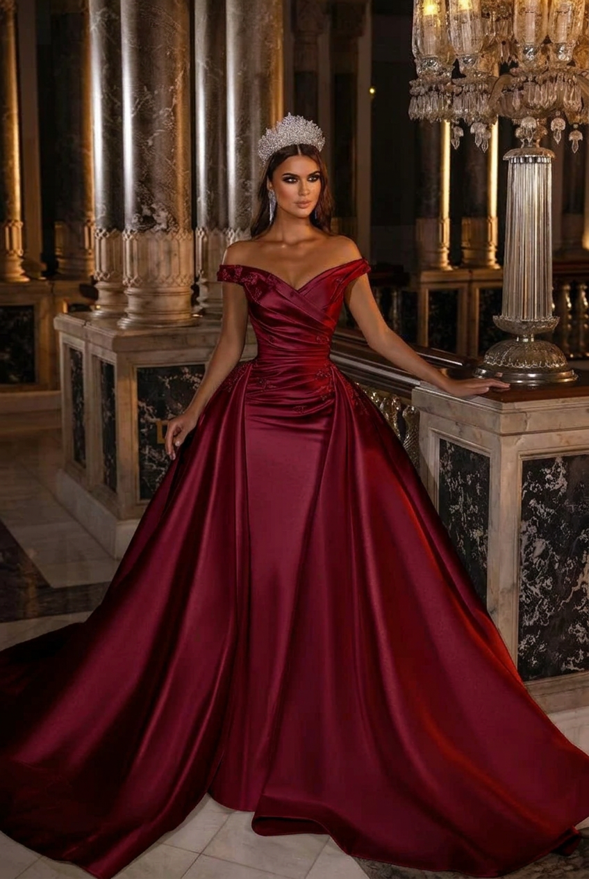 Burgundy off-the-shoulder applique A-line wedding dress