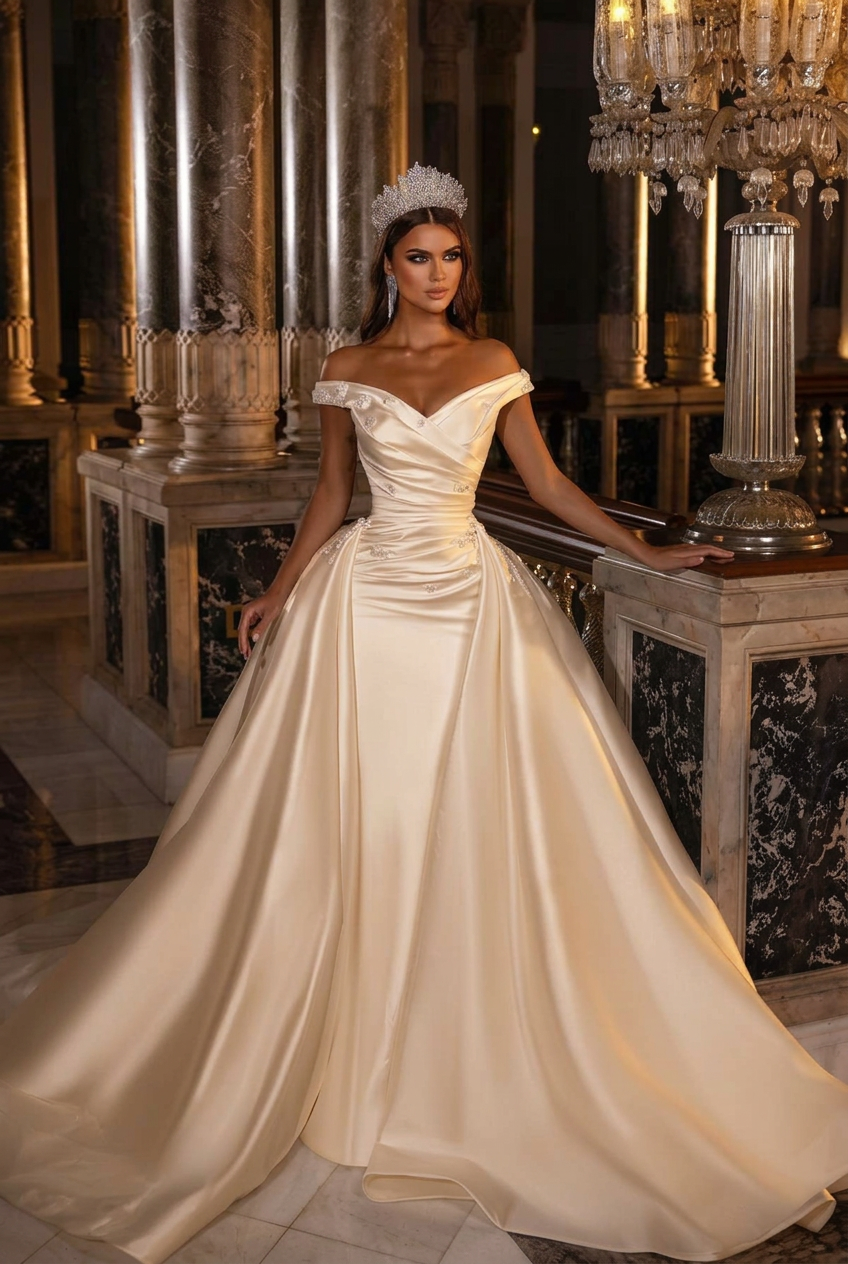 Champagne off-the-shoulder applique A-line wedding dress