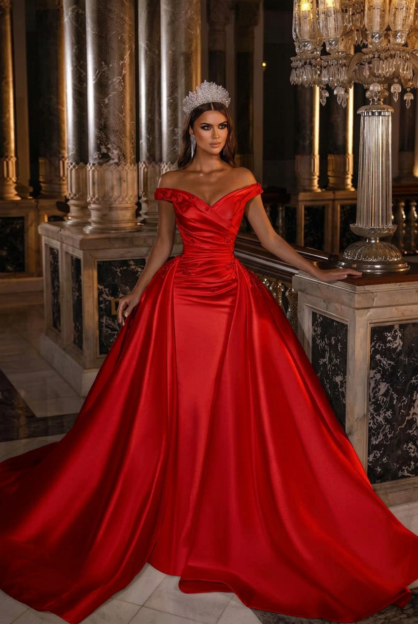 Red off-the-shoulder applique A-line wedding dress