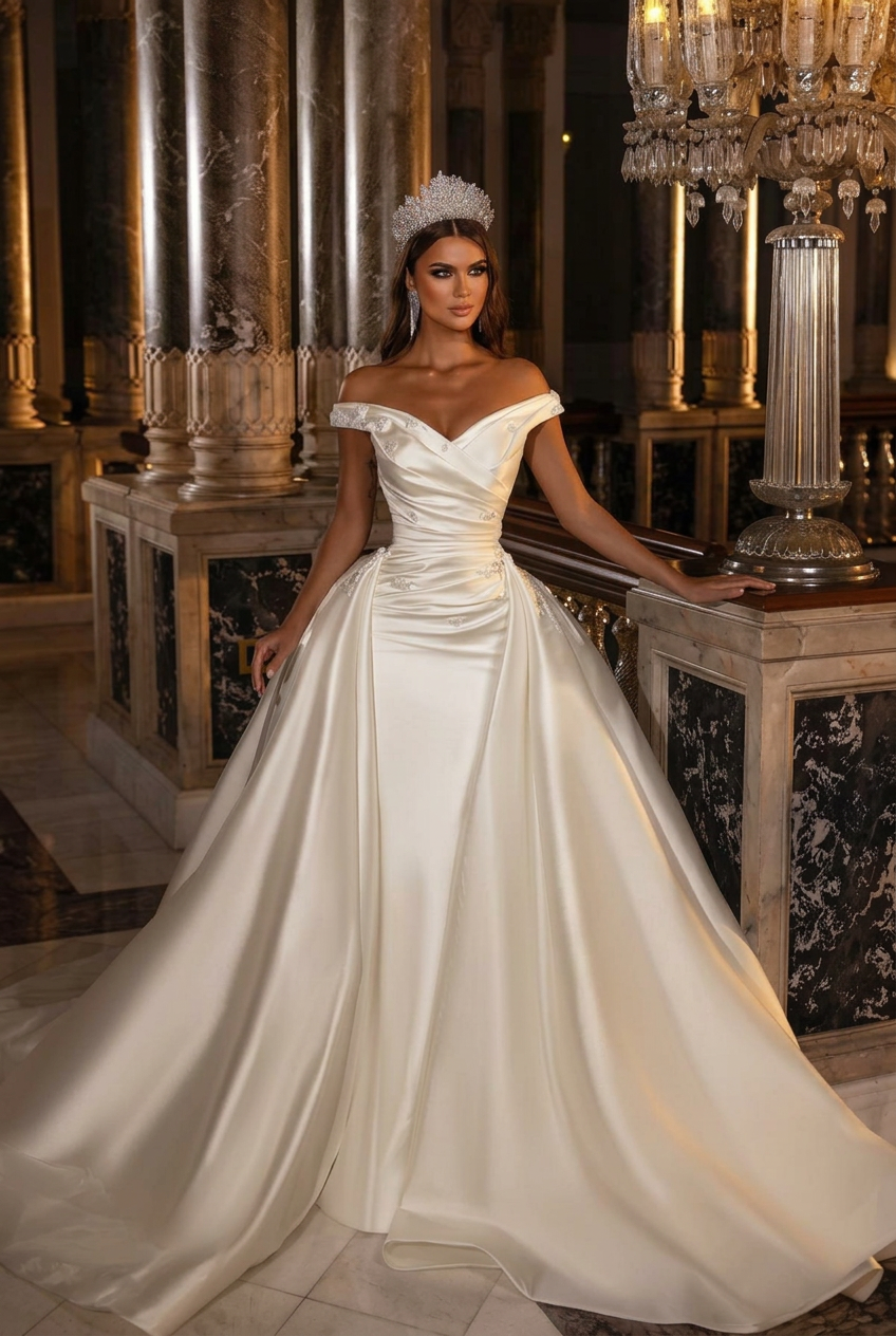Ivory off-the-shoulder applique A-line wedding dress